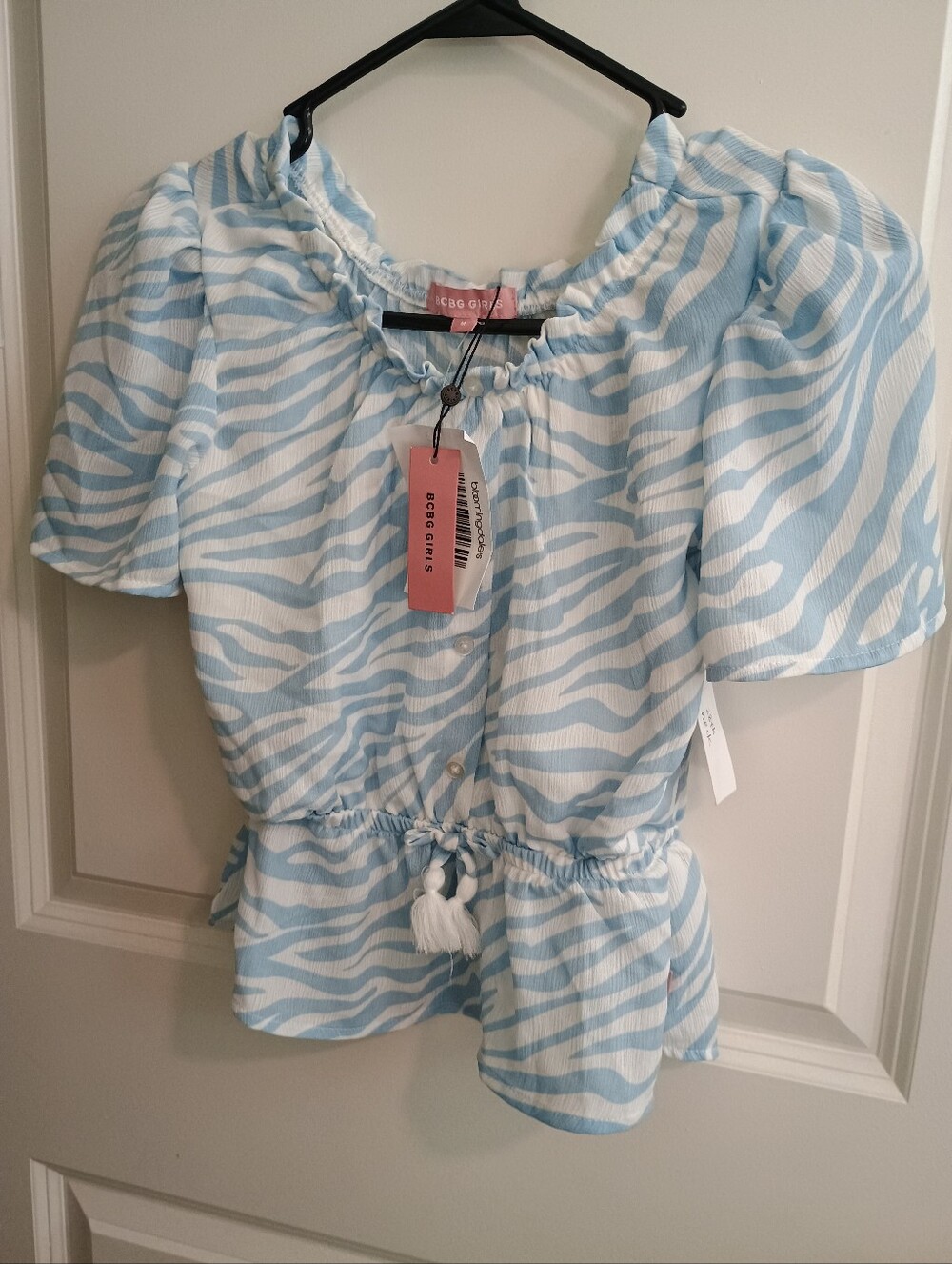 BCBGirls Light Blue and White Zebra Peplum Blouse